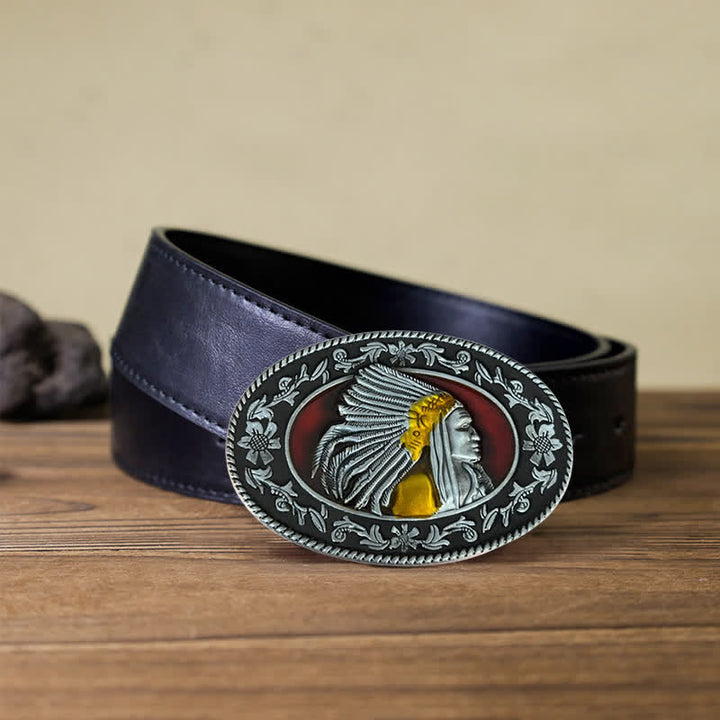 Cinturón de cuero con hebilla tribal de jefe indio para hombre, hecho a mano