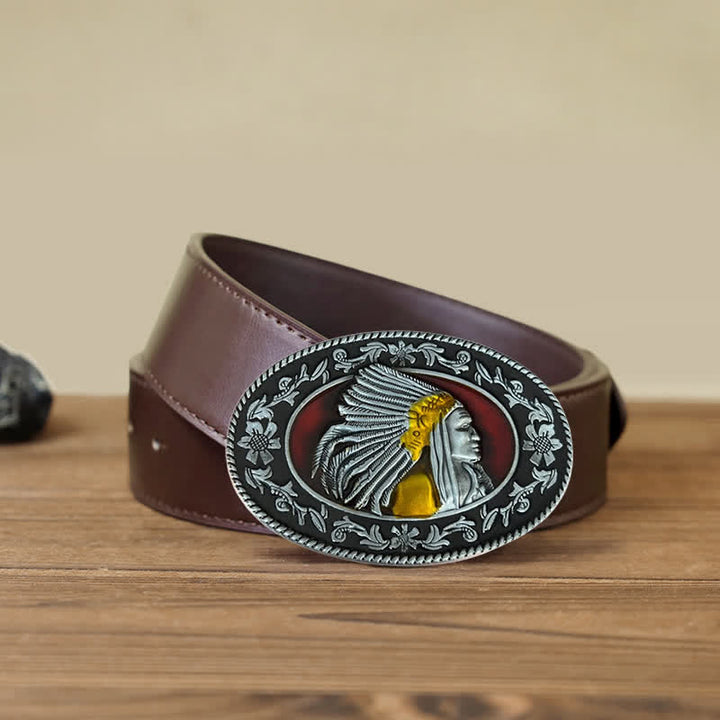 Cinturón de cuero con hebilla tribal de jefe indio para hombre, hecho a mano
