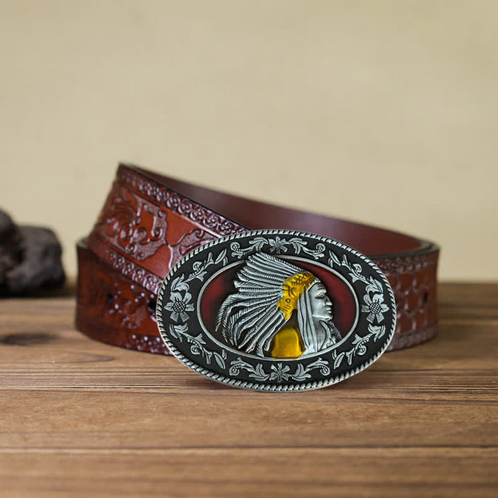 Cinturón de cuero con hebilla tribal de jefe indio para hombre, hecho a mano