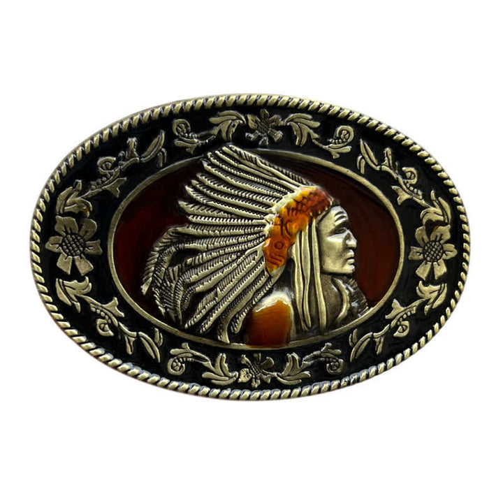Cinturón de cuero con hebilla tribal de jefe indio para hombre, hecho a mano