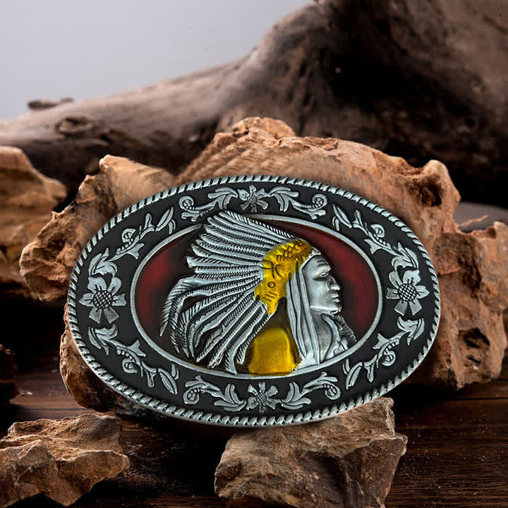 Cinturón de cuero con hebilla tribal de jefe indio para hombre, hecho a mano