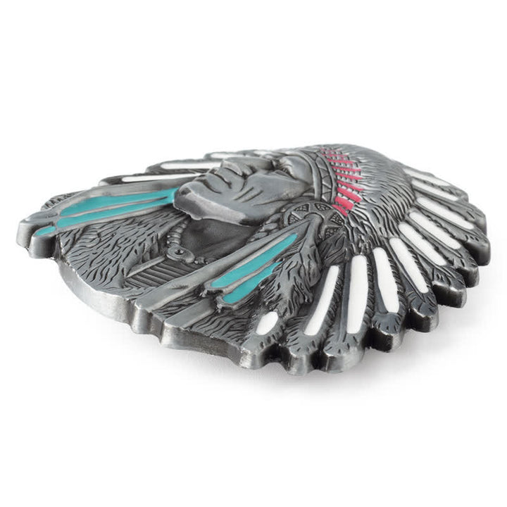 Cinturón de cuero con hebilla de jefe indio de colores para hombre hecho a mano