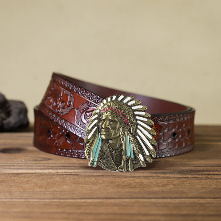 Cinturón de cuero con hebilla de jefe indio de colores para hombre hecho a mano