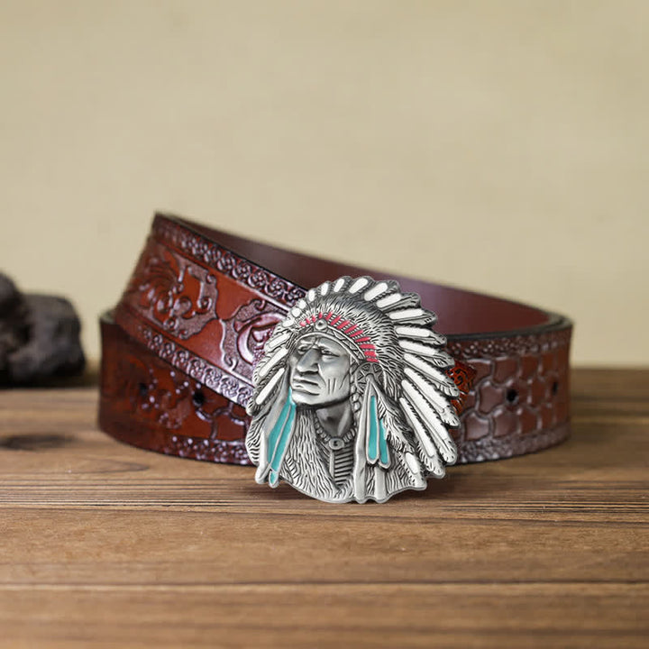Cinturón de cuero con hebilla de jefe indio de colores para hombre hecho a mano