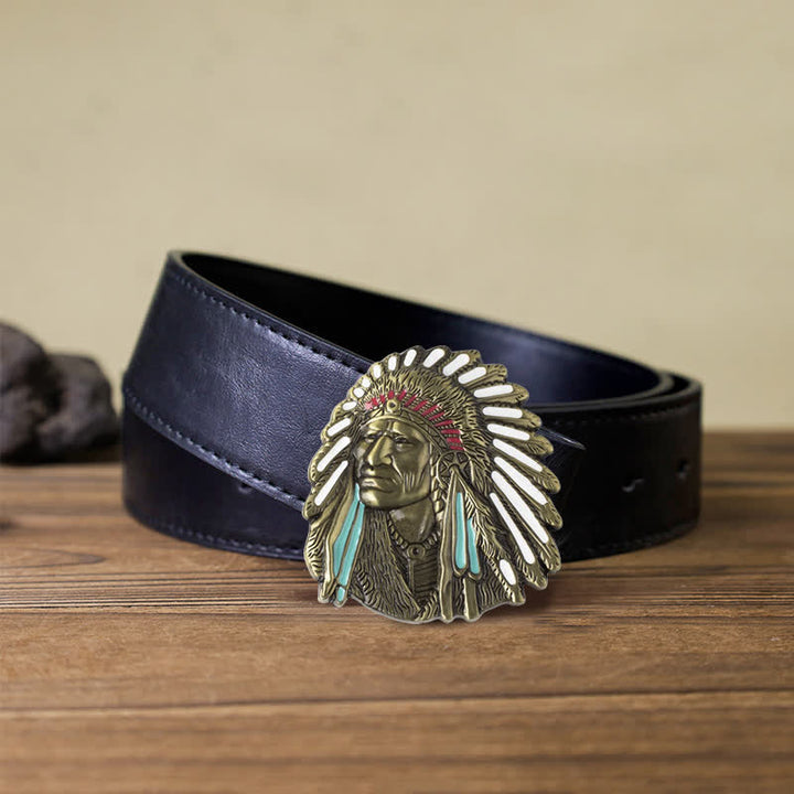 Cinturón de cuero con hebilla de jefe indio de colores para hombre hecho a mano