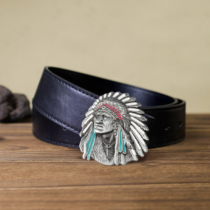 Cinturón de cuero con hebilla de jefe indio de colores para hombre hecho a mano