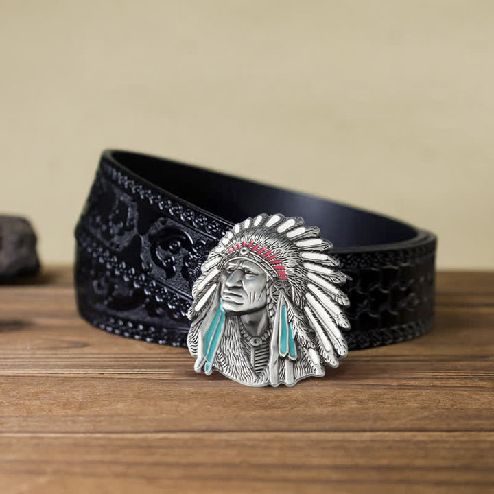 Cinturón de cuero con hebilla de jefe indio de colores para hombre hecho a mano