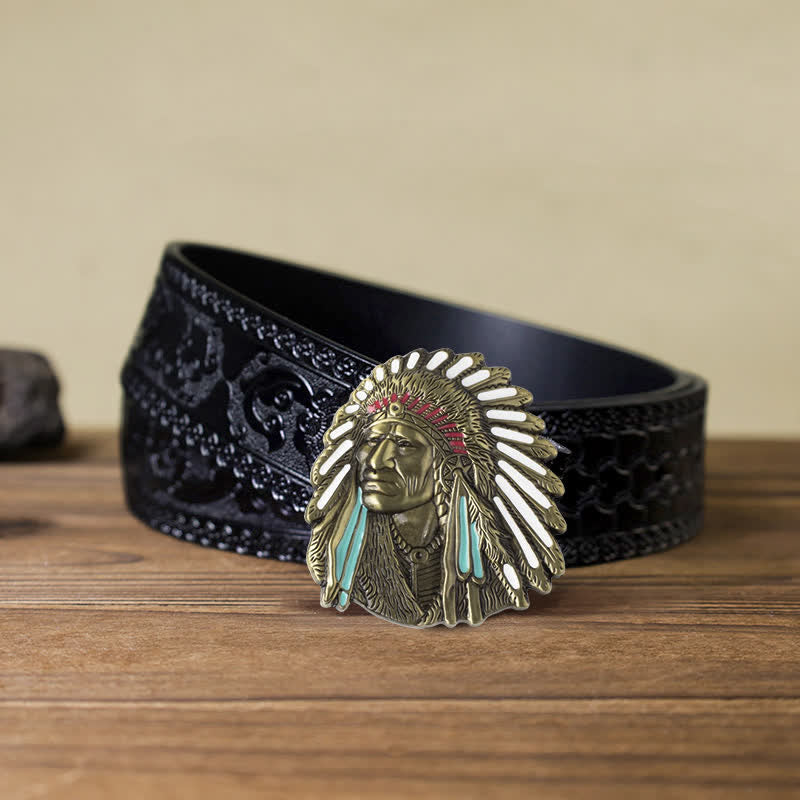 Cinturón de cuero con hebilla de jefe indio de colores para hombre hecho a mano