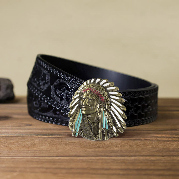 Cinturón de cuero con hebilla de jefe indio de colores para hombre hecho a mano