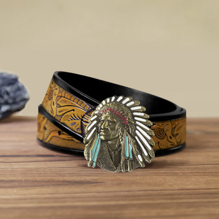 Cinturón de cuero con hebilla de jefe indio de colores para hombre hecho a mano