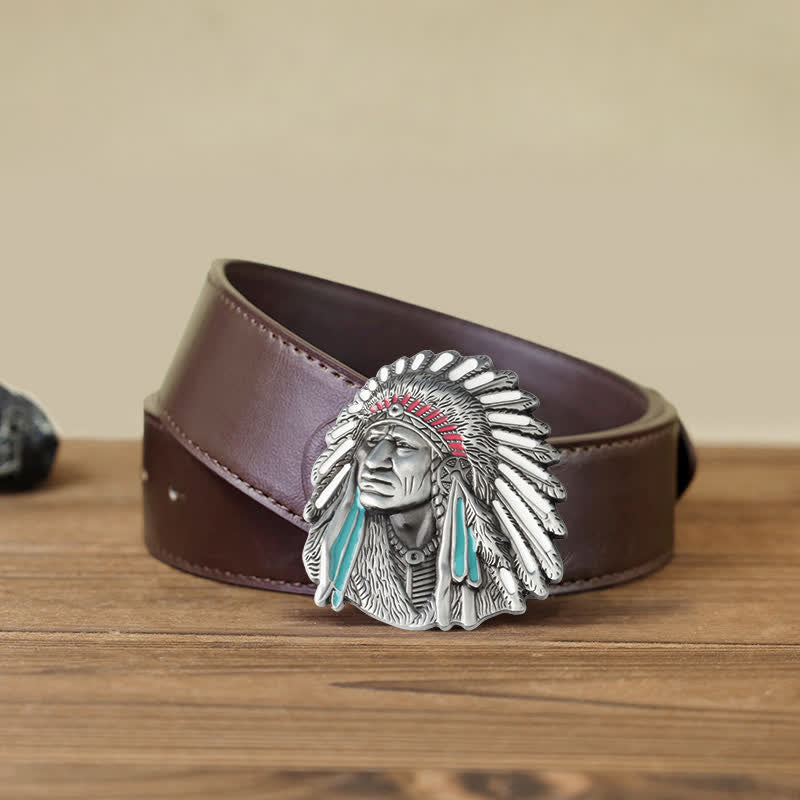 Cinturón de cuero con hebilla de jefe indio de colores para hombre hecho a mano