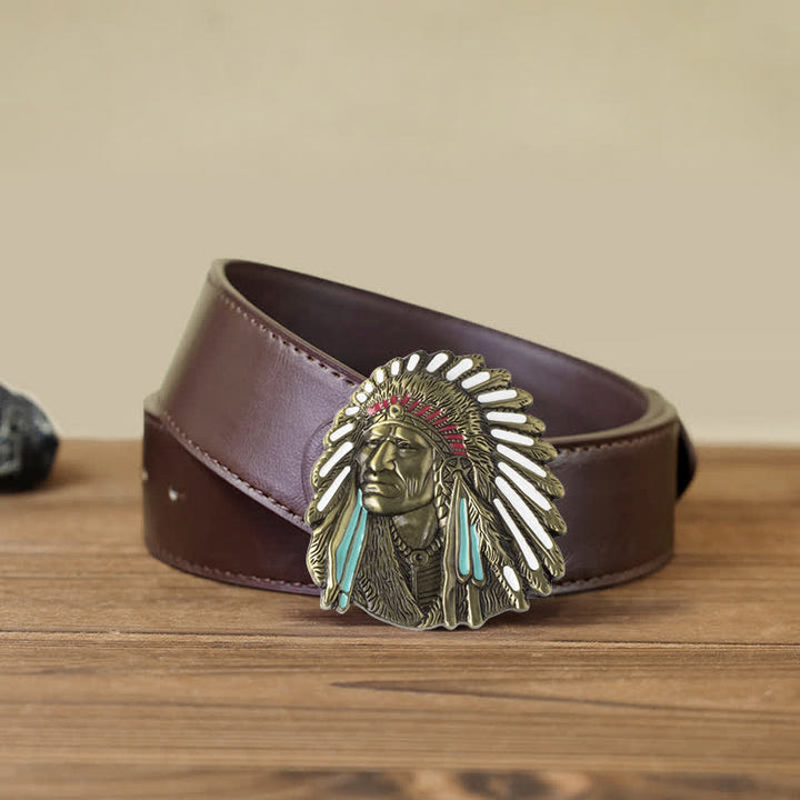 Cinturón de cuero con hebilla de jefe indio de colores para hombre hecho a mano