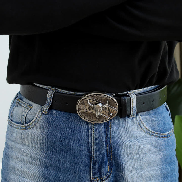 Cinturón de cuero con cabeza de toro para hombre con navaja plegable