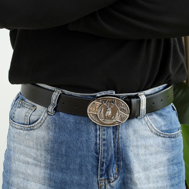 Cinturón de cuero con cuchillo plegable oculto con diseño de ciervo del bosque para hombre