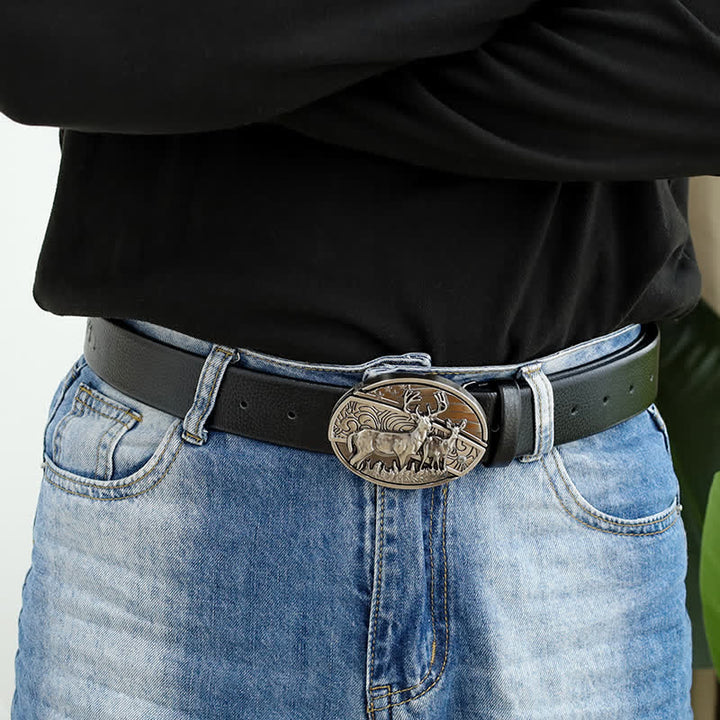 Cinturón de cuero con cuchillo plegable oculto con bandera de ciervo para hombre
