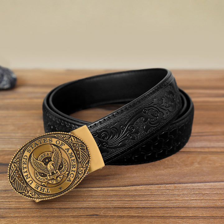 Cinturón de cuero con hebilla automática con bandera de águila de EE. UU. para hombre, hecho a mano