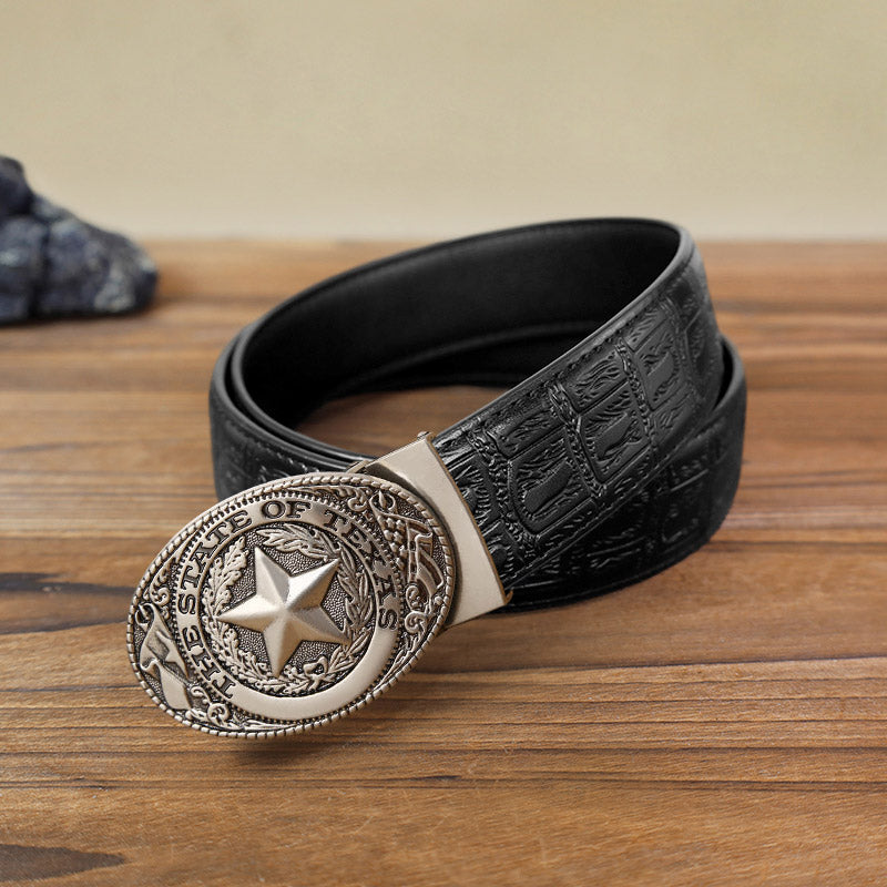 Cinturón de cuero con hebilla automática con pentagrama de Texas para hombre, hecho a mano
