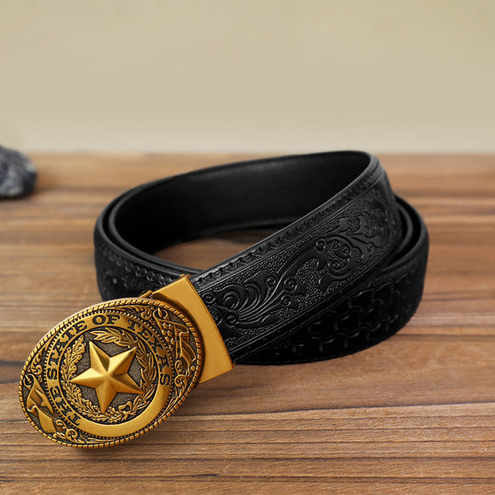 Cinturón de cuero con hebilla automática con pentagrama de Texas para hombre, hecho a mano