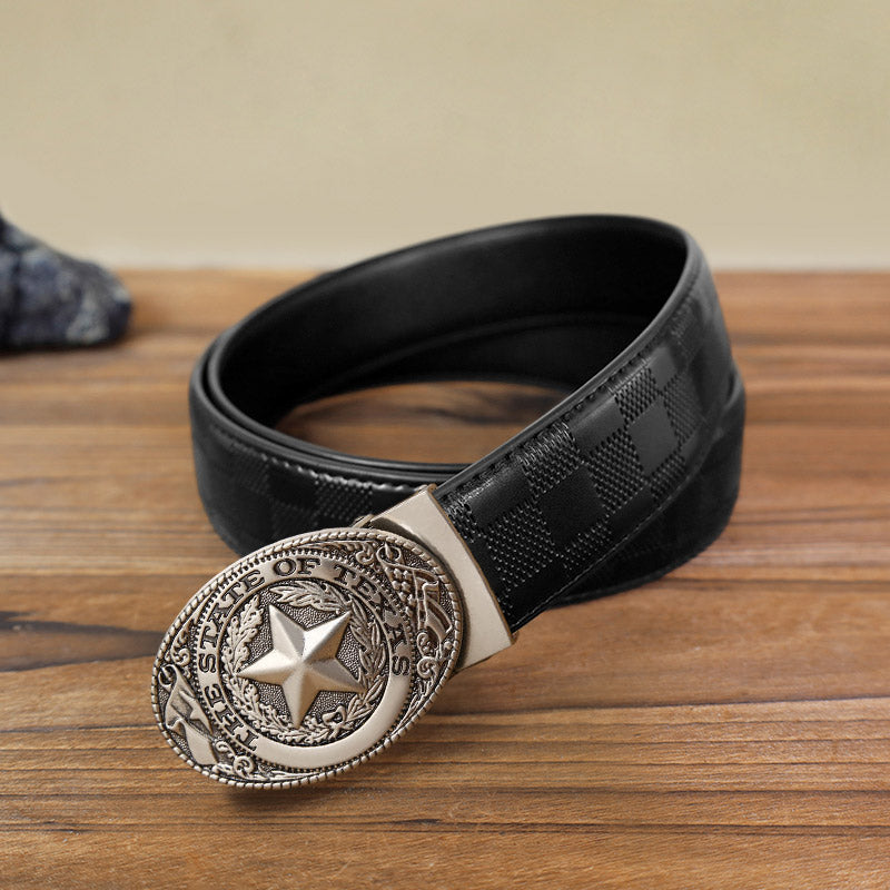 Cinturón de cuero con hebilla automática con pentagrama de Texas para hombre, hecho a mano