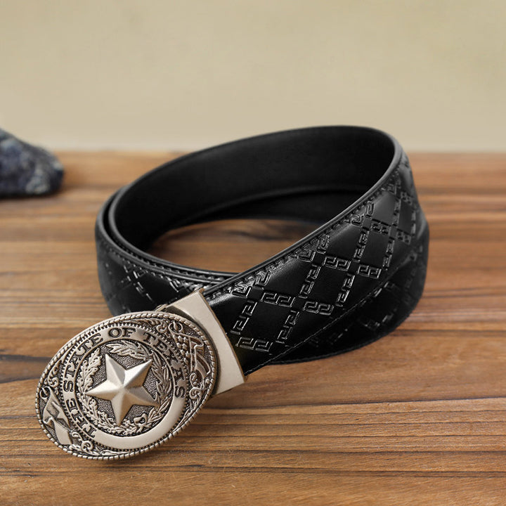 Cinturón de cuero con hebilla automática con pentagrama de Texas para hombre, hecho a mano