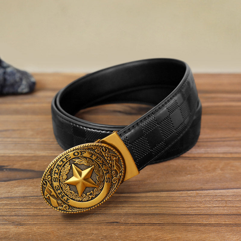 Cinturón de cuero con hebilla automática con pentagrama de Texas para hombre, hecho a mano