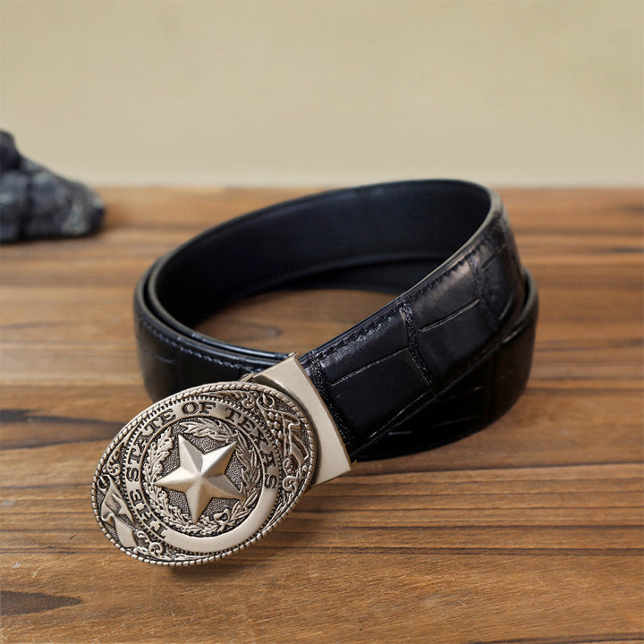 Cinturón de cuero con hebilla automática con pentagrama de Texas para hombre, hecho a mano