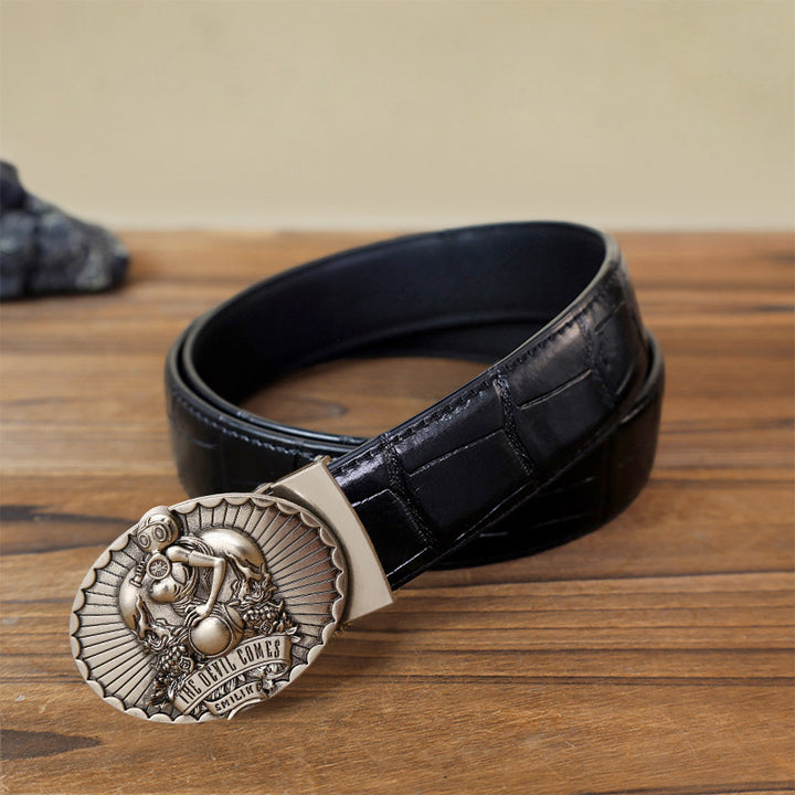 Cinturón de cuero con hebilla automática The Devil Comes Smiling para hombre, hecho a mano