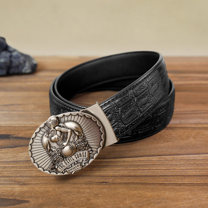 Cinturón de cuero con hebilla automática The Devil Comes Smiling para hombre, hecho a mano