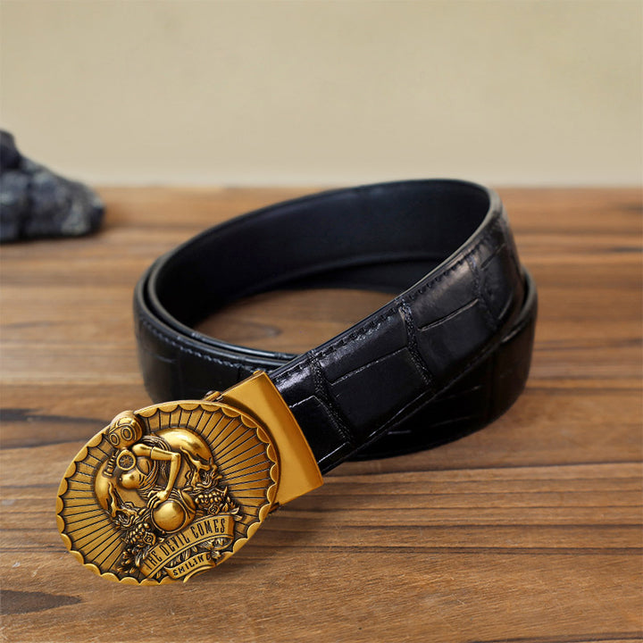 Cinturón de cuero con hebilla automática The Devil Comes Smiling para hombre, hecho a mano