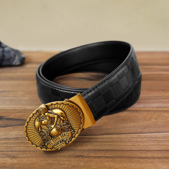 Cinturón de cuero con hebilla automática The Devil Comes Smiling para hombre, hecho a mano