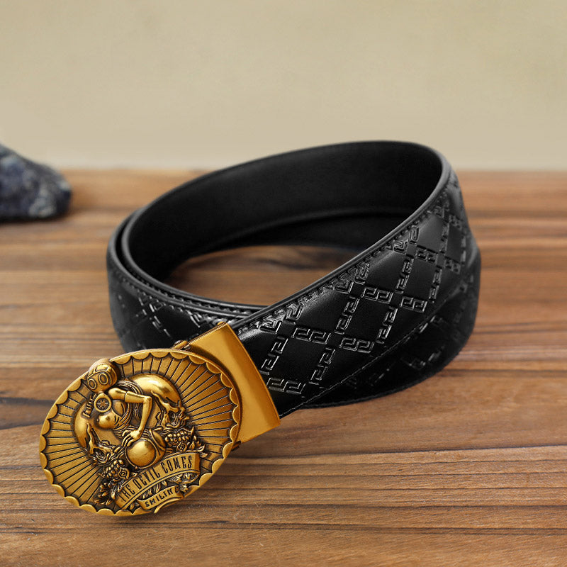 Cinturón de cuero con hebilla automática The Devil Comes Smiling para hombre, hecho a mano