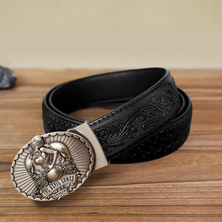 Cinturón de cuero con hebilla automática The Devil Comes Smiling para hombre, hecho a mano