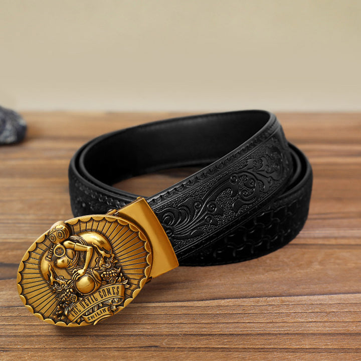 Cinturón de cuero con hebilla automática The Devil Comes Smiling para hombre, hecho a mano