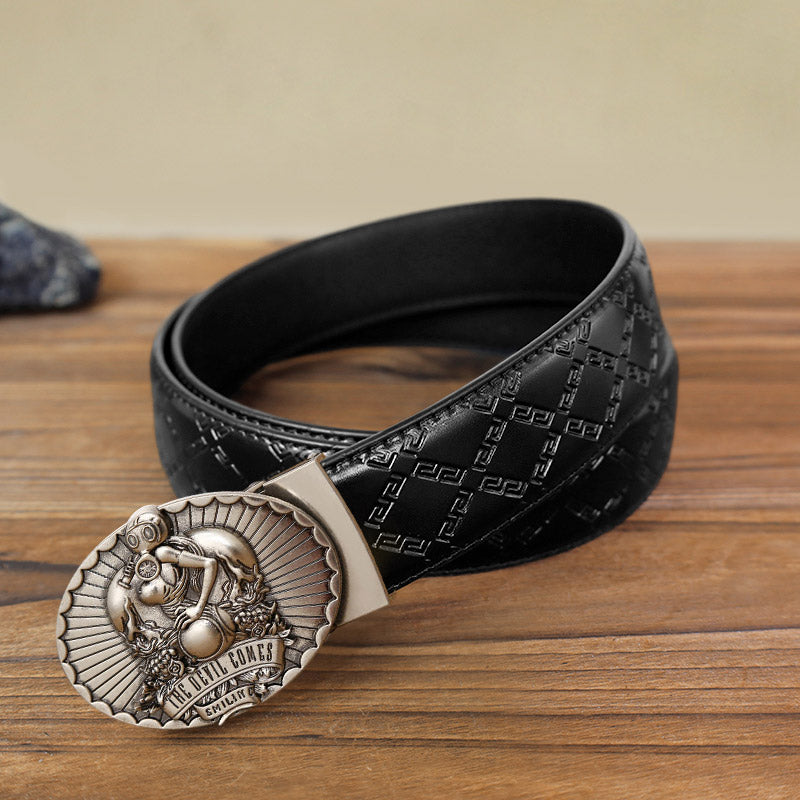 Cinturón de cuero con hebilla automática The Devil Comes Smiling para hombre, hecho a mano