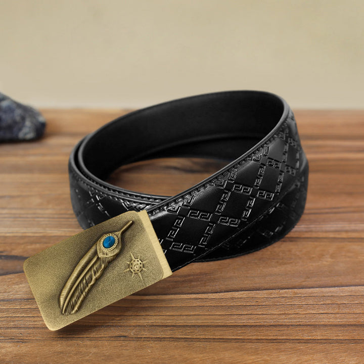 Cinturón de cuero con hebilla automática color turquesa y plumas en relieve para hombre hecho a mano