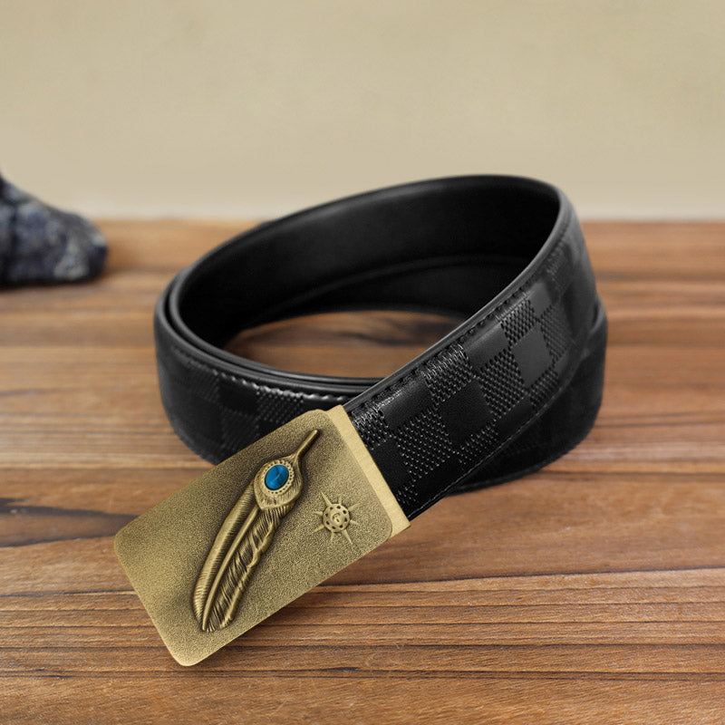 Cinturón de cuero con hebilla automática color turquesa y plumas en relieve para hombre hecho a mano