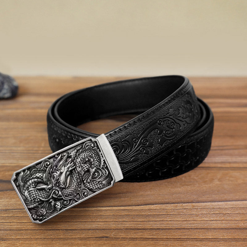 Cinturón de cuero con hebilla automática de dragón enrollado para hombre
