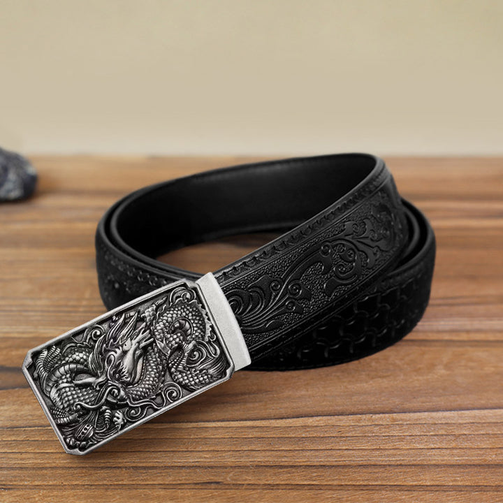Cinturón de cuero con hebilla automática de dragón enrollado para hombre