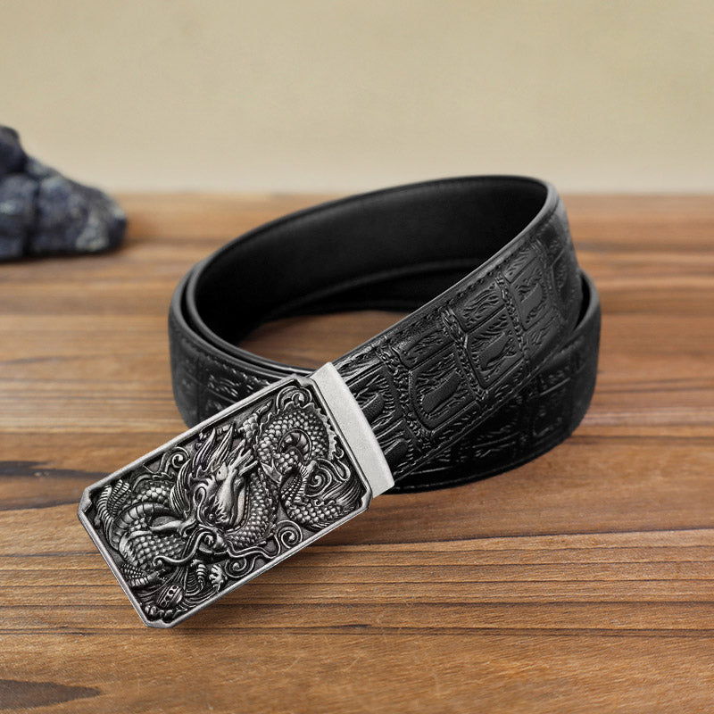 Cinturón de cuero con hebilla automática de dragón enrollado para hombre