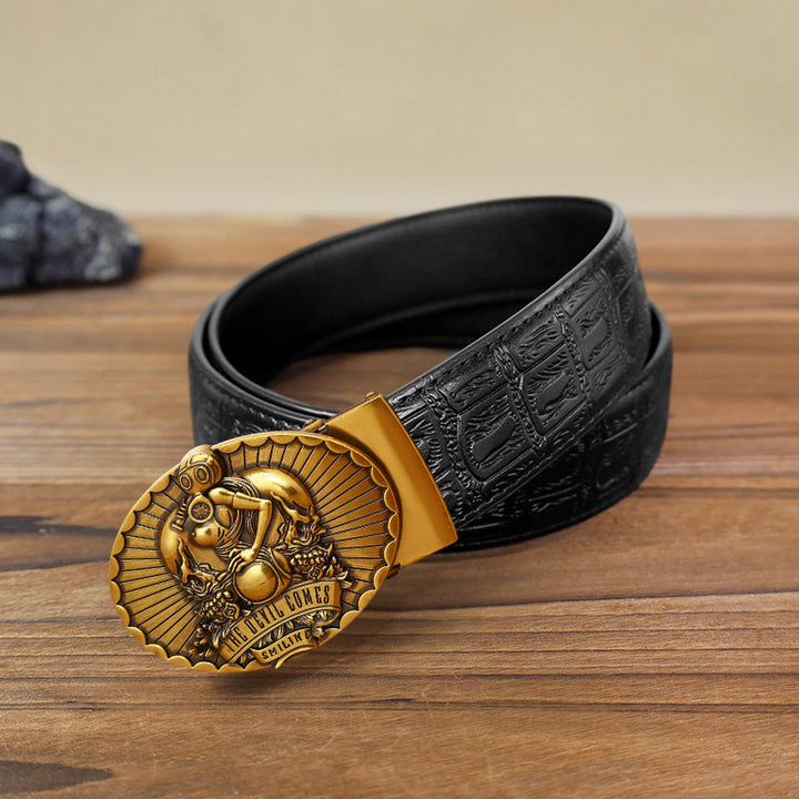 Cinturón de cuero con hebilla automática The Devil Comes Smiling para hombre, hecho a mano
