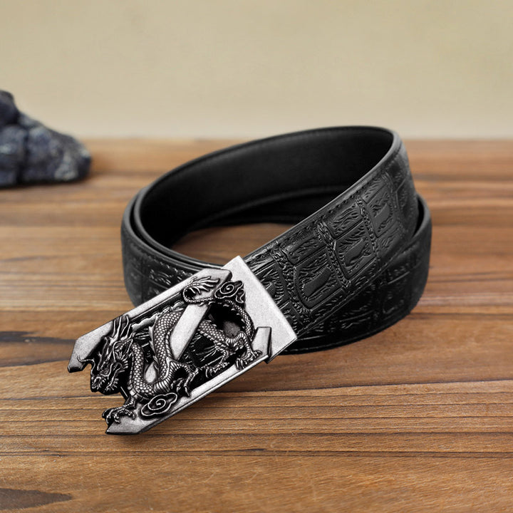 Cinturón de cuero con hebilla automática con diseño de dragón y letra Z para hombre