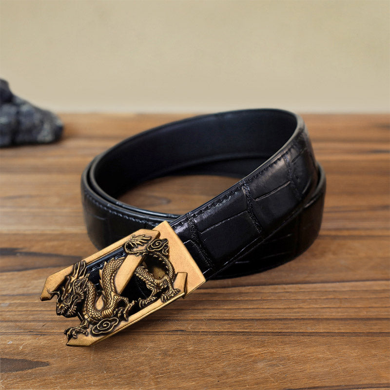 Cinturón de cuero con hebilla automática con diseño de dragón y letra Z para hombre