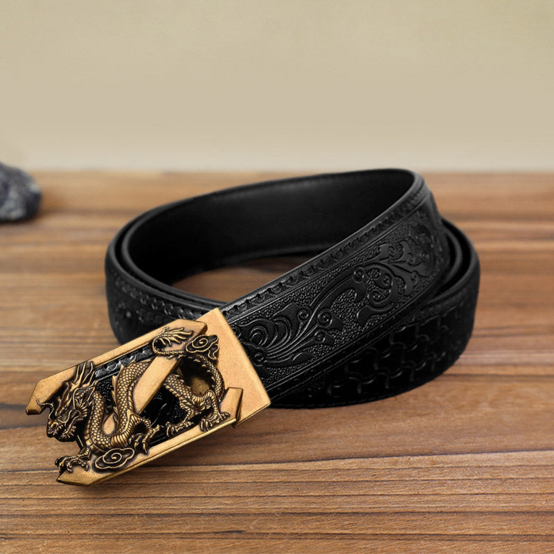 Cinturón de cuero con hebilla automática con diseño de dragón y letra Z para hombre