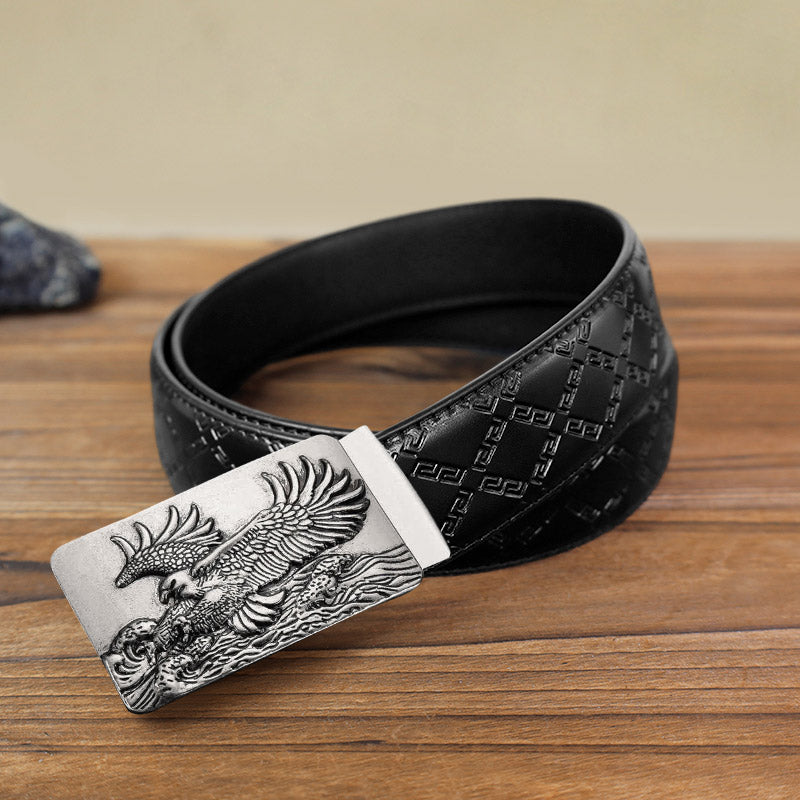 Cinturón de cuero con hebilla automática y alas de águila para hombre, hecho a mano