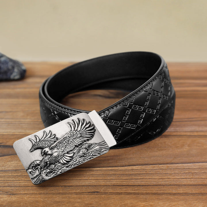 Cinturón de cuero con hebilla automática y alas de águila para hombre, hecho a mano