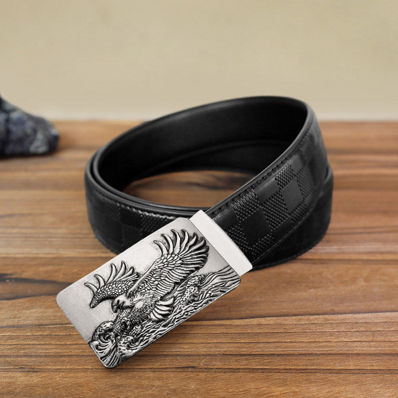 Cinturón de cuero con hebilla automática y alas de águila para hombre, hecho a mano