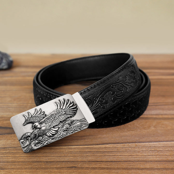 Cinturón de cuero con hebilla automática y alas de águila para hombre, hecho a mano