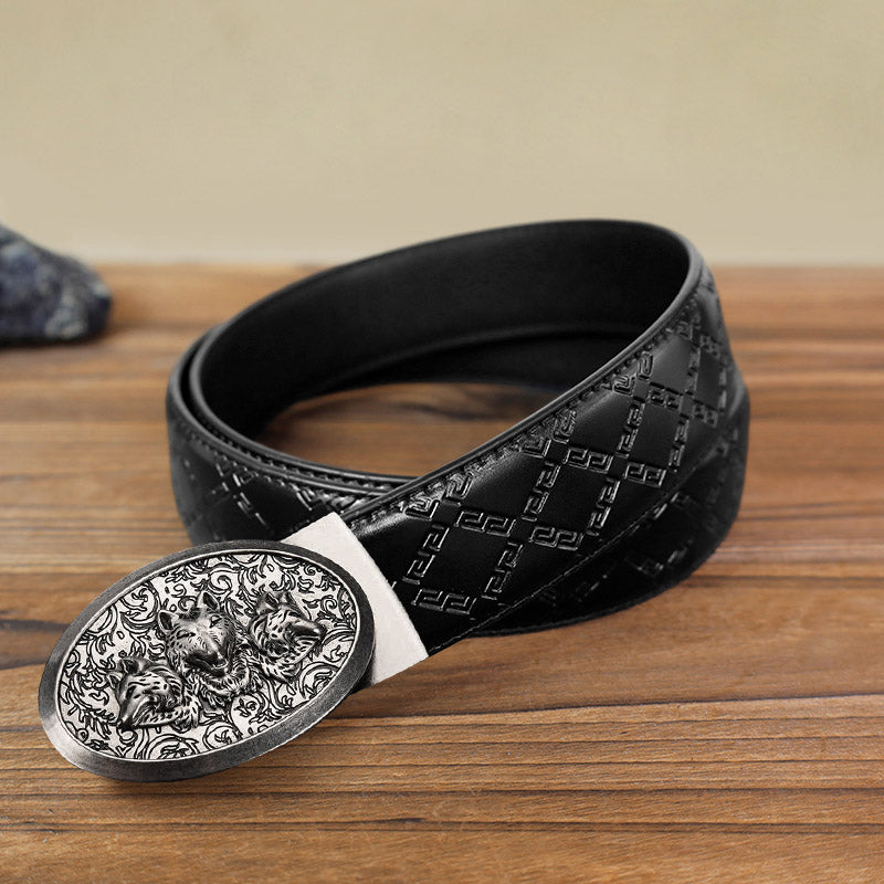 Cinturón de cuero con hebilla automática Hungry Wolves para hombre, hecho a mano