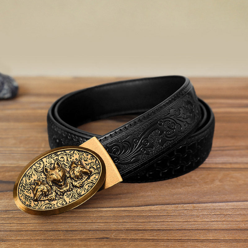 Cinturón de cuero con hebilla automática Hungry Wolves para hombre, hecho a mano