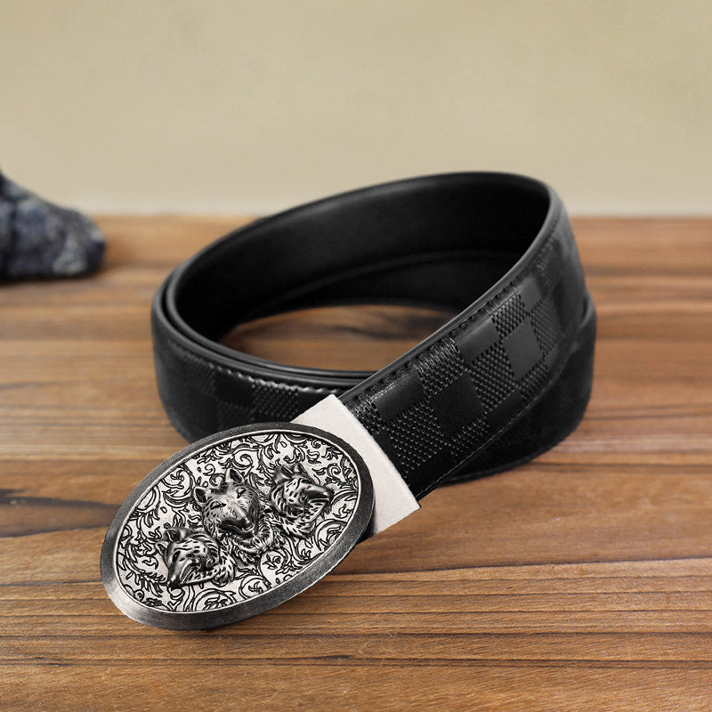 Cinturón de cuero con hebilla automática Hungry Wolves para hombre, hecho a mano